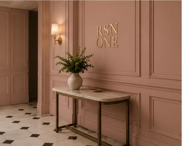 A blush foyer with marble floor and a quiet console table.